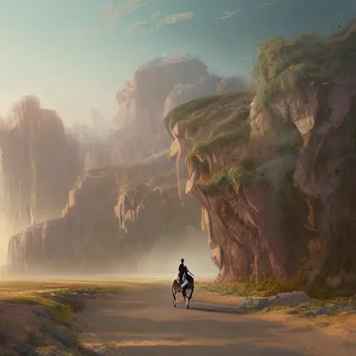 Prompt: a painting of a person riding a horse on a road, concept art by chris labrooy, cgsociety, retrofuturism, sci - fi, concept art, futuristic