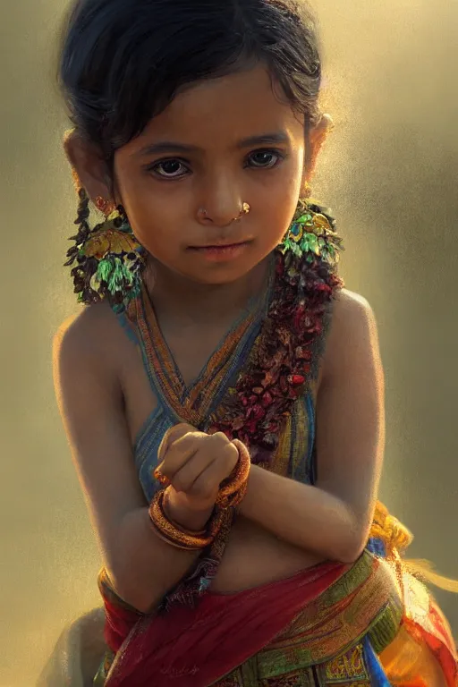 Prompt: hindu little girl, joyful, close - up portrait, intricate, elegant, volumetric lighting, scenery, digital painting, highly detailed, artstation, sharp focus, illustration, concept art, ruan jia, steve mccurry