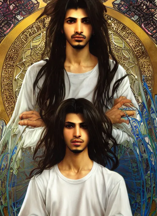 Prompt: realistic detailed final fantasy inspired portrait of a young arabic man turned three - quarters, very long hair, dressed with a simple white t - shirt, white background white bank studio light, art by yoshitaka amano, alphonse mucha, ayami kojima, greg hildebrandt, and mark brooks, high qualit 8 k