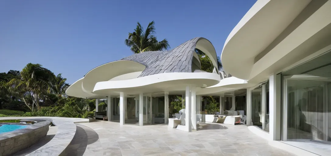 Prompt: curved roof planes lift and descend creating shade and architectural expression, highly detailed, beach house, marble, vivid color, high resolution photography, mist, luxury house