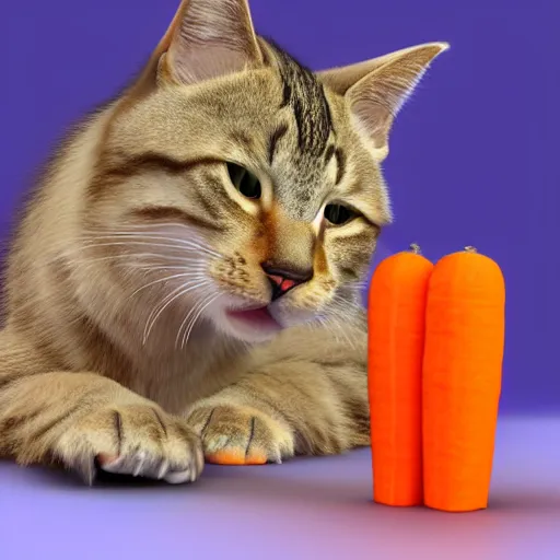 Image similar to big tabby cat with white paws biting a carrot 3D