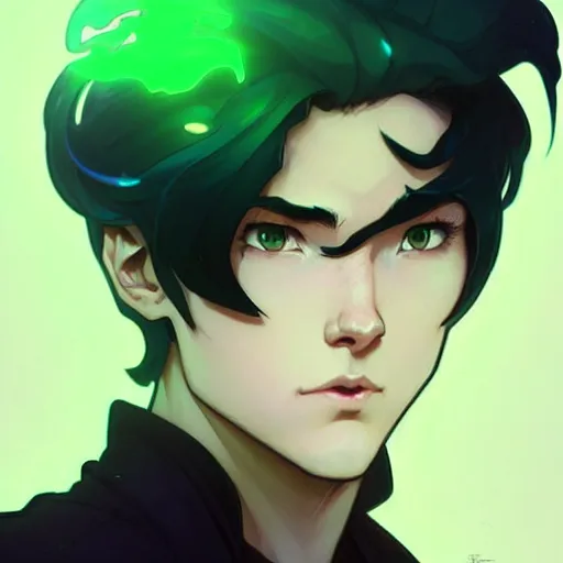 Prompt: a face portrait character design by artgerm, cushart krenz, greg rutkowski ross tran alphonse mucha. young danny phantom!! glowing green eyes!! bold outline sharp edges. ultra clear detailed. 8 k. elegant, neon colors, symmetry, intricate complexity, epic composition, magical atmosphere, cinematic lighting masterpiece trending on artstation 8 k octane.