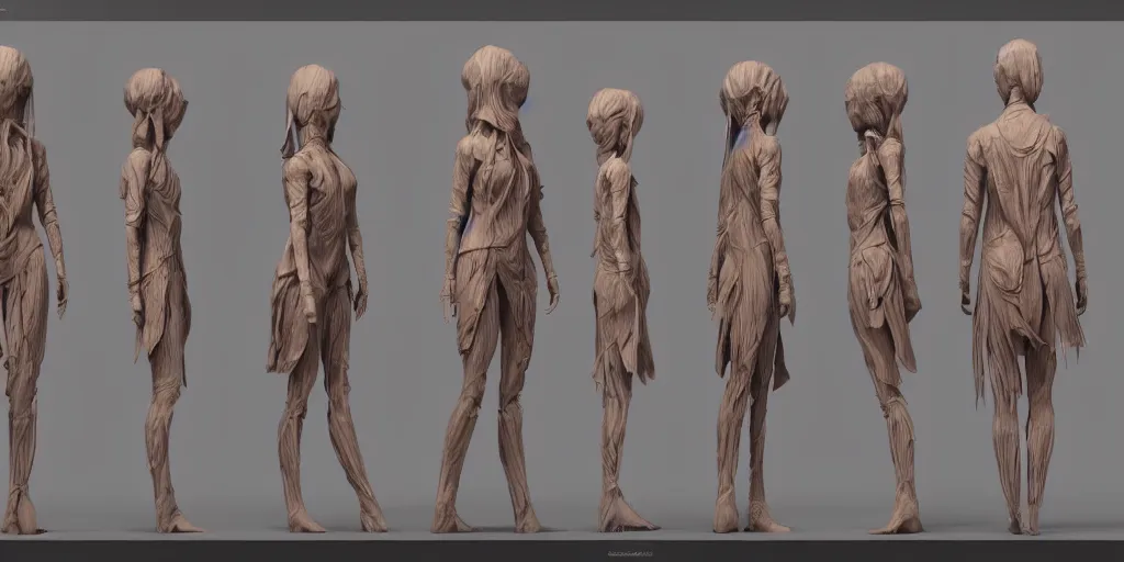 Prompt: wooden woman design, character sheet, 3d render, Greg Rutkowski, Zabrocki, Karlkka, Jayison Devadas, Phuoc Quan, trending on Artstation, 8K, ultra wide angle, zenith view, pincushion lens effect