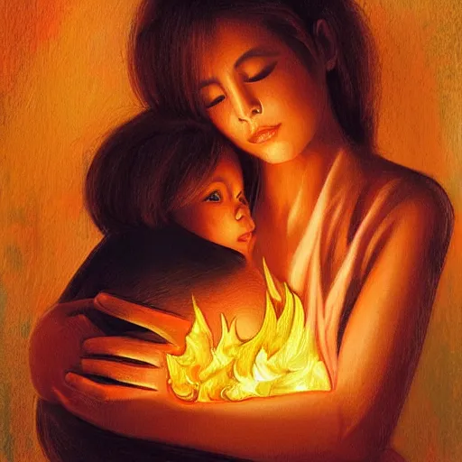 Image similar to beautiful woman cradling her child made of fire by stanley lau, elegant, realistic, loving