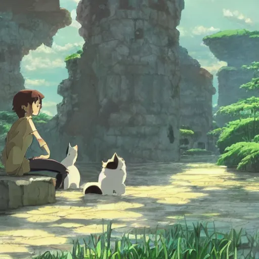 Prompt: an explorer finding ruins of a cat civilization, water, by Dice Tsutsumi, Makoto Shinkai, Studio Ghibli