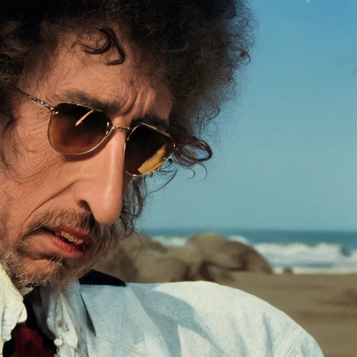 Prompt: color photography of bob dylan talking to kanye west on a beach. closeup. film grain