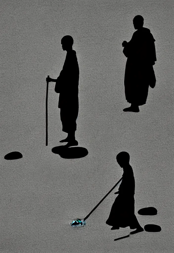 Prompt: portrait of a lone monk raking stones in kyoto, japan, a collage painting, in the style of wes anderson, lola dupre, david hockney, isolated on negative white space background dark monochrome fluorescent neon spraypaint accents volumetric octane render