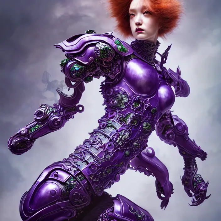Prompt: porcelain cyborg armor, Chinese Kangxi purple and green fox pattern porcelain, diffuse lighting, fantasy, intricate, elegant, highly detailed, lifelike, redhead, photorealistic, digital painting, artstation, illustration, concept art, smooth, sharp focus, art by John Collier and Albert Aublet and Krenz Cushart and Artem Demura and Alphonse Mucha