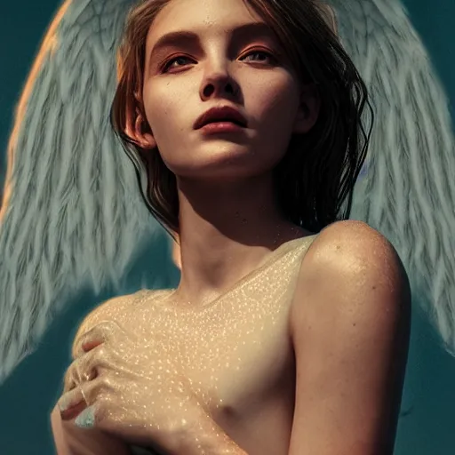 Image similar to closeup portrait art of female angel, art by alessio albi 8 k ultra realistic, angel wings, lens flare, atmosphere, glow, detailed, intricate, full of colour, led lighting, trending on artstation, 4 k, hyperrealistic, focused, extreme details, unreal engine 5, masterpiece