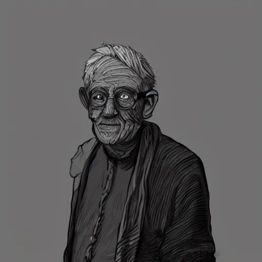 Image similar to detailed half body digital art of a old person wearing ragged and ruined clothes. the background is pure black with a little bit of glow behind the character