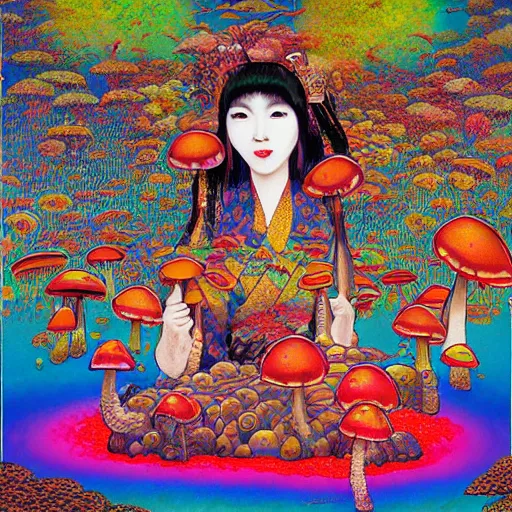 Image similar to a japanese psychedelic love goddess, a sense of awe, offering mushrooms, illustration, slime, amanita - muscaria, elegant, hyper realistic, super detailed, by tadanori yokoo