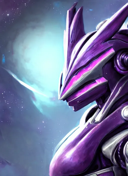 Image similar to cinematic bust shot, cosmic sized perfectly proportioned stunning beautiful hot female warframe, detailed mecha female dragon head, metal ears purple eyes, sleek silver armor, fuschia skin, floating in empty space, nebula sized, posing elegantly, epic proportions, epic size, epic scale, furry art, dragon art, giantess art, warframe fanart, furaffinity, deviantart