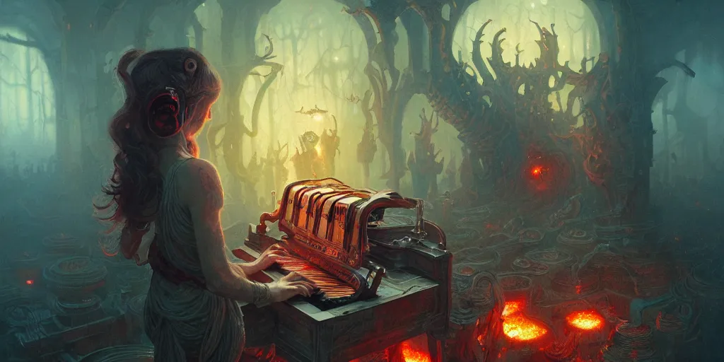 Prompt: maniac playing music in hell, detailed intricate illustration, detailed illustration, hd, 4 k, digital art, overdetailed art, by greg rutkowski, by loish, complementing colors, trending on artstation, deviantart