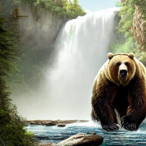 Prompt: a monstrous giant grizzly bear inside of a cave near a waterfall, highly detailed matte painting, sense of awe