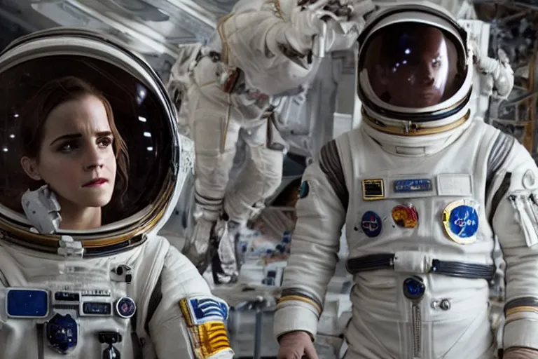 Prompt: medium shot of Emma Watson as an astronaut in Interstellar (2014 film), detailed face, movie still, promotional image, imax 70 mm footage