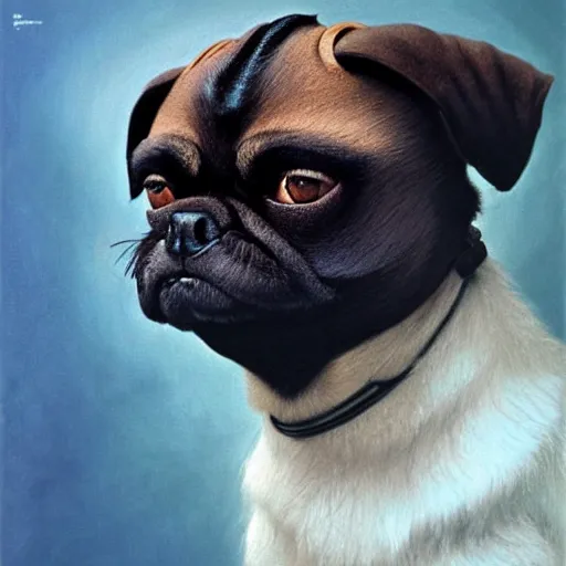 Image similar to head and shoulders vogue photo portrait of a black male pugalier anthropomorphic dog, d & d, fantasy, greg rutkowski, frank frazetta, alexandre chaudret, boris vallejo, michael whelan, miro petrov, hr giger, magali villeneuve, donato giancola