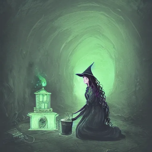 Prompt: close shot of a witch in her lair brewing a magical potion, depressing, gloomy, tired, detailed, witch hat, dungeon, green smoke, fire, smoke, realism, realistic, hyper detailed, green lighting, ambient lighting, green smoke, fog, smoke, cinematic lighting, haze, bokeh, trending on artstation, detailed face, symmetric face, mythical, colorful, pop art, vector art, retro,