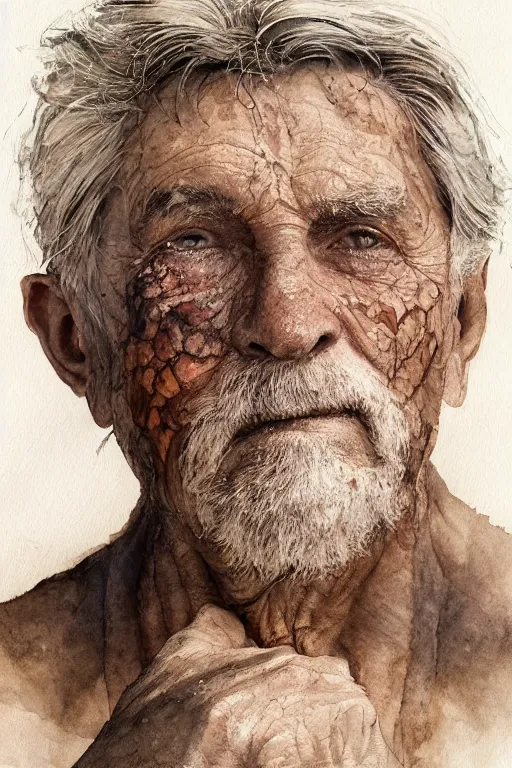 Prompt: portrait of a old man with aquarelle painted skin. close up, very dark brown hair, light eyes, intricate dark flowers pattern background, high detail, by Eddie Mendoza