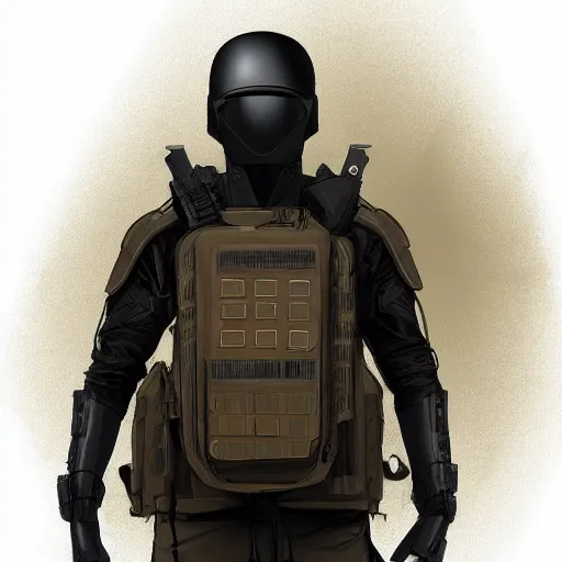 Image similar to futuristic insurgent wearing black helmet, brown cloak, technical vest, and a backpack, photorealistic, digital art