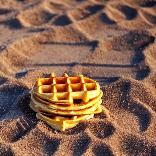 Prompt: an eggo waffle in the sand on the beach in san diego. sigma 5 5 mm. a bit of sand on the waffle. beautiful lighting