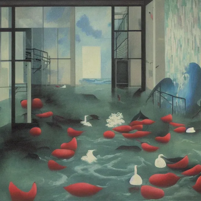 Image similar to painting of flood waters inside an apartment, tall female emo art student, a river flooding indoors, pomegranates, pigs, ikebana, water, river, rapids, waterfall, black swans, canoe, berries dripping, acrylic on canvas, surrealist, by magritte and monet