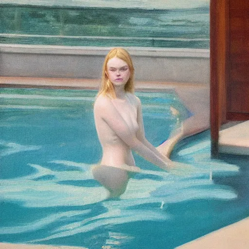 Prompt: Elle Fanning at the pool at night, head and shoulders portrait, stormy weather, extremely detailed masterpiece, Roger Deakin’s cinematography, oil on canvas, Edward Hopper,