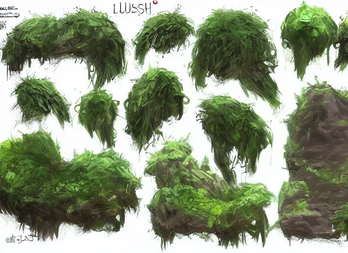 Image similar to lush bushes concept art, detailed diagrams, aesthetic, artstation