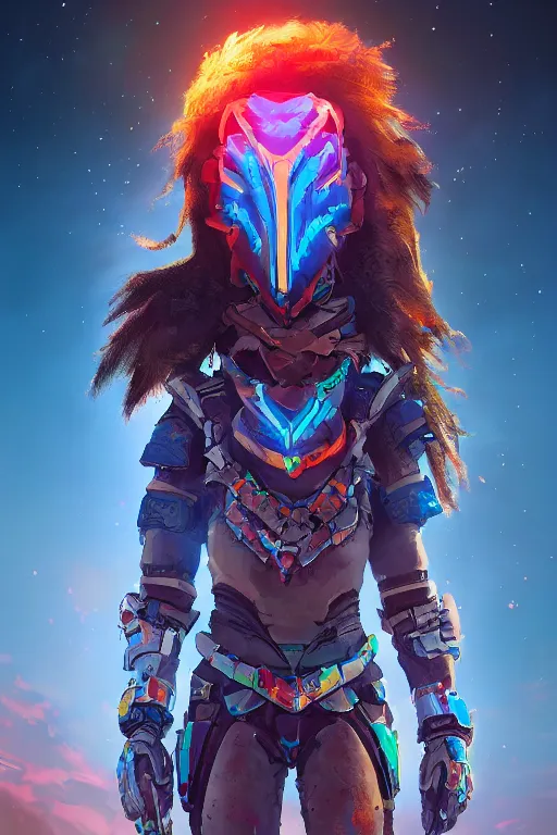 Image similar to combination suit armor aloy horizon forbidden west horizon zero dawn radiating a glowing aura global illumination ray tracing hdr fanart arstation by ian pesty and alena aenami artworks in 4 k tribal robot ninja mask helmet backpack