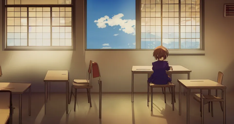 Prompt: empty!! japanese classroom in golden hour lighting, key visual novel, clannad, digital painting, anime, dreamy