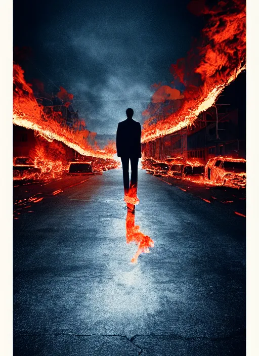 Image similar to City on fire flowing flames lone man walking, Mads Berg, Karolis Strautniekas, James Yang, film noir, stippled light, dramatic lighting,editorial illustration, detailed, matte print, dark blue, dark orange, white, red