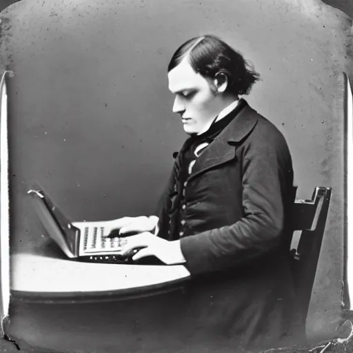 Image similar to Daguerreotype photo of a man from the 1800s sitting in a park working on a laptop computer