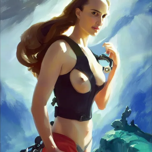Image similar to a portrait of natalie portman in a scuba dive sui, t greg manchess painting by sargent and leyendecker, studio ghibli, fantasy, medium shot, asymmetrical, intricate, elegant, matte painting, illustration, hearthstone, by greg rutkowski, by greg tocchini, by james gilleard, by joe fenton