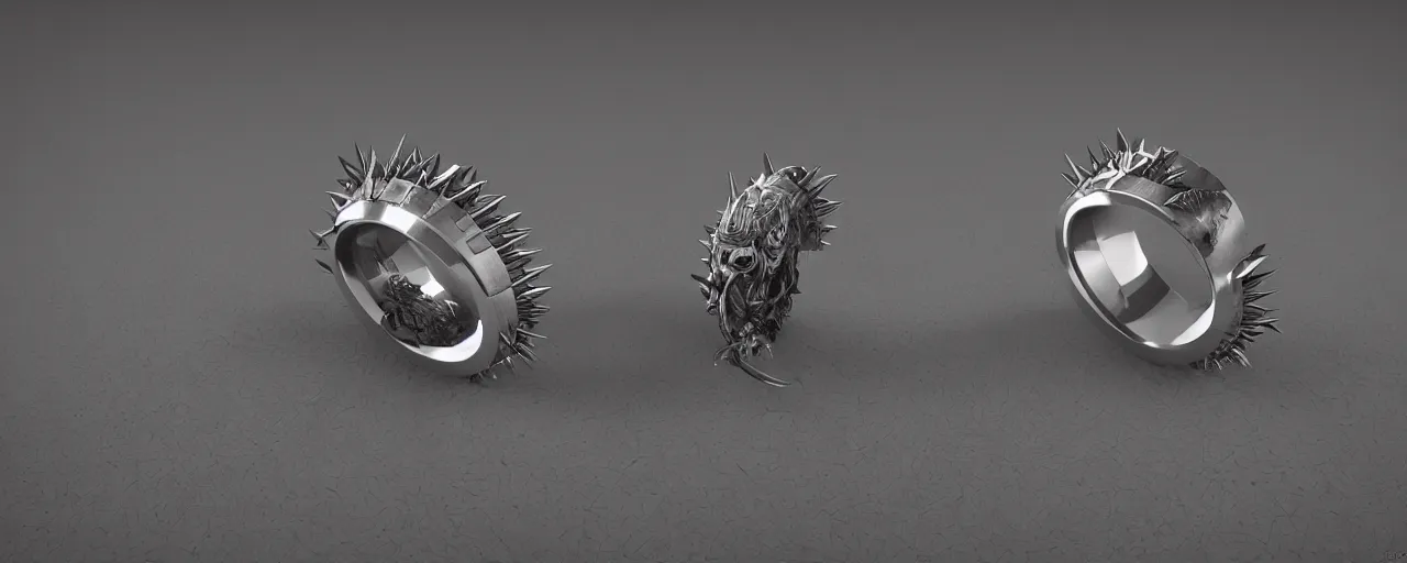 Prompt: tungsten ring with spikes, ring, steel, crystals, smooth shank, engravings, product design, jewelry, art by gerald brom, greg rutkowski and artgerm and james jean and zdzisław beksinski, 8 k, unreal engine, c 4 d