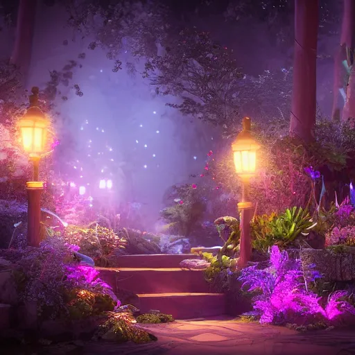 Prompt: fairy glowing magically at night concept art, realistic garden, beautiful, glorious, matte painting, highly detailed, trending on artstation, 4 k, rendered in octane, unreal engine