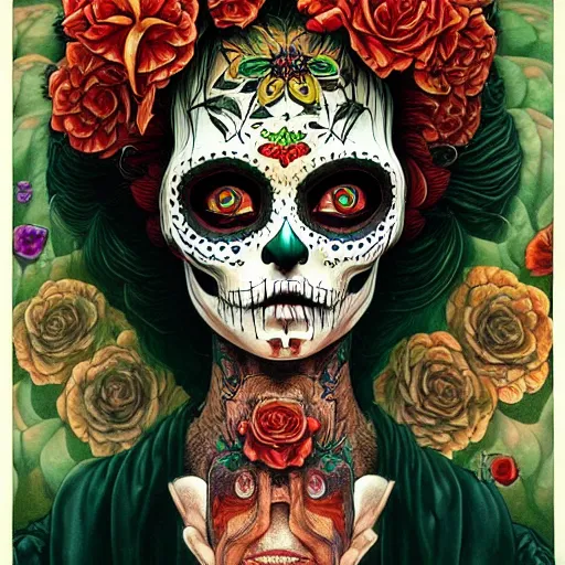 Image similar to beautiful portrait painted in jacek yerka and aykut aydogdu style drawn by sasha bom and takato yamamoto, inspired by dia de los muertos, intricate acrylic gouache painting, high detail, sharp high detail, artstation, manga and anime