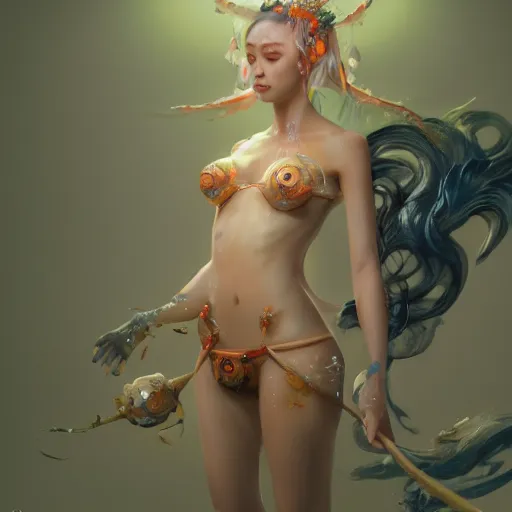 Image similar to a magical koi fish goddess, huggy wuggy from poppy playtime video game, fullbody, ultra high detailed, oil painting, greg rutkowski, charlie bowater, yuumei, yanjun cheng, unreal 5, daz, hyperrealistic, octane render, rpg portrait, dynamic lighting, fantasy art, beautiful face