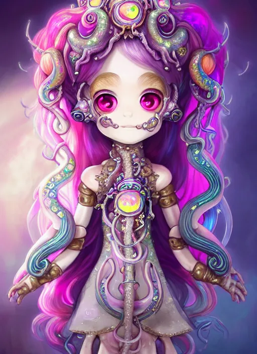 Image similar to A full body shot of a cute young magical girl wearing an ornate dress made of opals and tentacles. Chibi Monster GIrl. Subsurface Scattering. Dynamic Pose. Translucent Skin. Rainbow palette. defined facial features, symmetrical facial features. Opalescent surface. Soft Lighting. beautiful lighting. By Giger and Ruan Jia and Artgerm and WLOP and William-Adolphe Bouguereau. Photo real. Hyper-real. Fantasy Illustration. Sailor Moon hair. Masterpiece. trending on artstation, featured on pixiv, award winning, cinematic composition, dramatic pose, sharp, details, Hyper-detailed, HD, HDR, 4K, 8K.