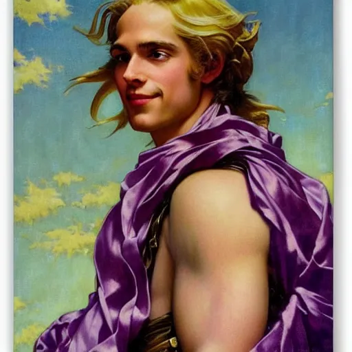 Prompt: beautiful portrait painting of the sun god Edward Elric with long curly blond hair, voluptuous young man wearing a wispy lilac silk dress smiling sleepily at the viewer, symmetrically parted curtain bangs, in love by J.C Leyendecker and Norman Rockwell