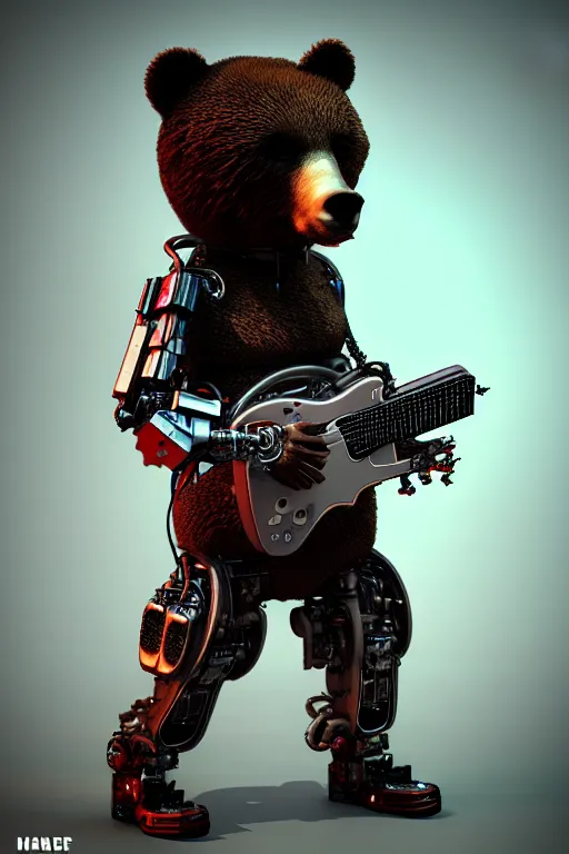 Prompt: high quality 3 d render cyborg bear! plays a cyberpun guitar, cyberpunk highly detailed, unreal engine cinematic smooth, in the style of blade runner, hannah yata charlie immer, moody light, low angle, uhd 8 k, sharp focus