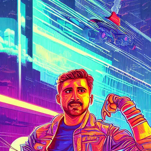 Image similar to a portrait of a Rayan Gosling with thunders in the sky in a future cybernetic city, outrun style and colours, trending on arstation, by dan mumford, by ross tran