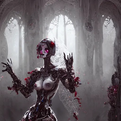 Image similar to female gothic robots with human organ and blood, dressed in white intricate lace, veils and jewels, epic environment, matte painting, diffused lighting, highly detailed, cinematic, epic atmosphere, digital art, trending on artstation, wide angle