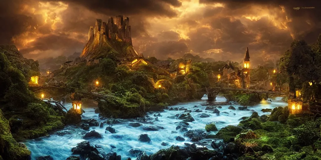 Image similar to beautiful and immersive magical town, magical buildings, bioluminescent forest surrounding, gentle rivers flowing through town, award - winning cinematography - cinematic lighting, dramatic lighting, hdr, 4 k, stunning and beautiful view - unbelievably amazing - highly detailed, hyperrealistic, in the style of lord of the rings and pan's labyrinth