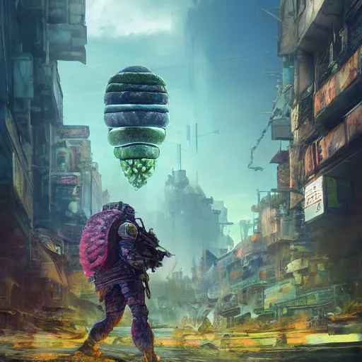 Image similar to Concept Digital Art Highly detailed giant Watermelon warlord protecting Ukrainian city from Orks by Stephen Hickman and Beeple. Very highly detailed 8K,Pentax 67, Kodak Portra 400 in style of Hiromasa Ogura Ghost in the Shell, the golden ratio, rational painting