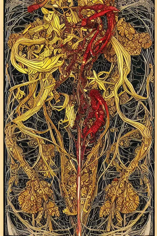 Image similar to intricate anatomical skeleton of a crow, crow skull, background consists of interwoven varities of superhot chili peppers, entanglement, -no human, bhut jolokia, carolina reaper, trinidad scorpion, voronoi, fibonacci sequence, leaves, by Moebius,Alphonse Mucha, peter mohrbacher, hiroshi yoshida, Art Nouveau, cgsociety, concept art, tweed colour scheme, psychedelic, complementary colour scheme, 3d