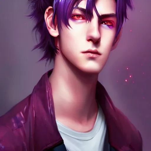 Image similar to colorful and festive captivating teenager boy with straight purple hair, purple eyes with red eye markers, slim body, wearing japanese combat clothes. rich vivid colors, ambient lighting, dynamic lighting, 4 k, atmospheric lighting, painted, intricate, highly detailed by charlie bowater