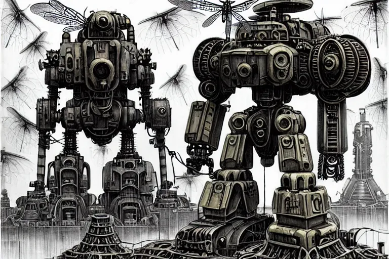 Image similar to dieselpunk mechs in shape of dragonfly that look like Dragonfly, inside an gigantic underground concrete doom hangar, interior structure, drains, storm drains, jungle, vines, algea, cables, panels, walls, ceiling, floor, doors, brutalist architecture, intricate ink drawing, highly detailed in the style of Ashley Wood, moebius and Tsutomu Nihei, photorealistic, cinematic, intricate detail, well lit,