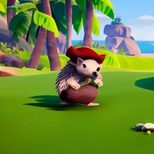 Image similar to hedgehog playing golf in sea of thieves, hedgehog wearing a pirate hat, cute, colourful, happy, adorable