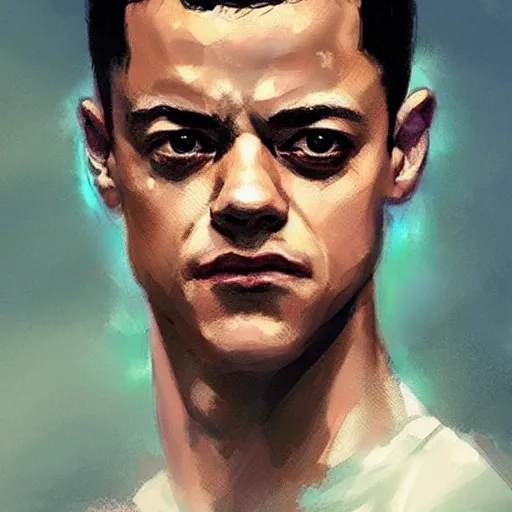 Image similar to “ portrait of rami malek by greg rutkowski, young, attractive, highly detailed portrait, scifi, digital painting, artstation, concept art, smooth, sharp foccus ilustration, artstation hq ”