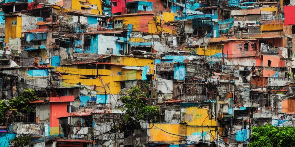 Image similar to photo of rio de janeiro favela being invaded by armed aliens, photorealistic, warm colors, tranquil, peace, happy rocinha