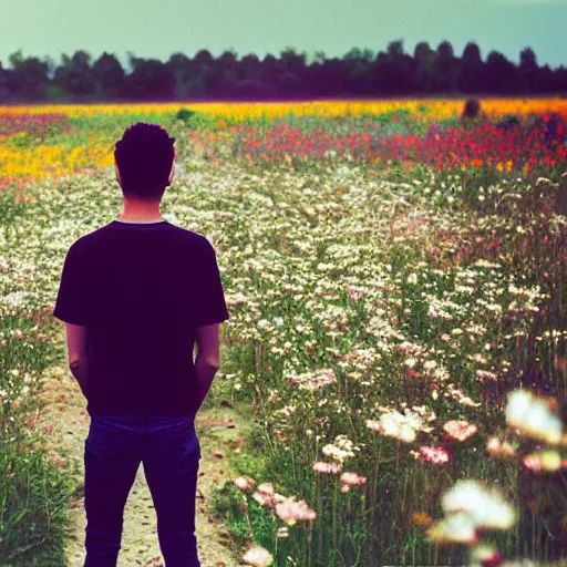 Image similar to close up kodak portra 4 0 0 photograph of a skinny guy standing in field looking at a tornado of flowers, back view, moody lighting, telephoto, 9 0 s vibe, blurry background, vaporwave colors, faded!,